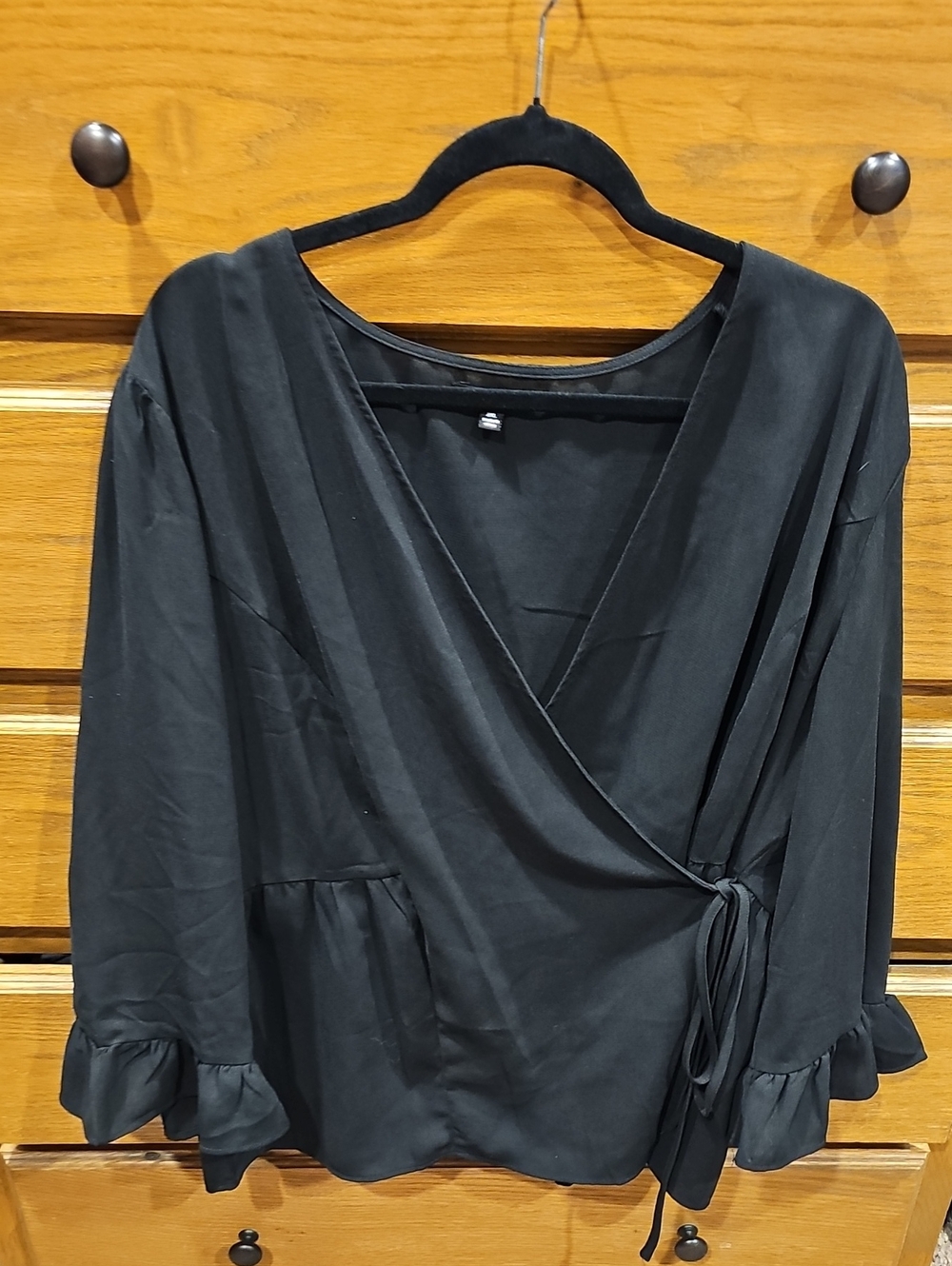 Rachel Black Wrap Blouse with Ruffle Cuffs